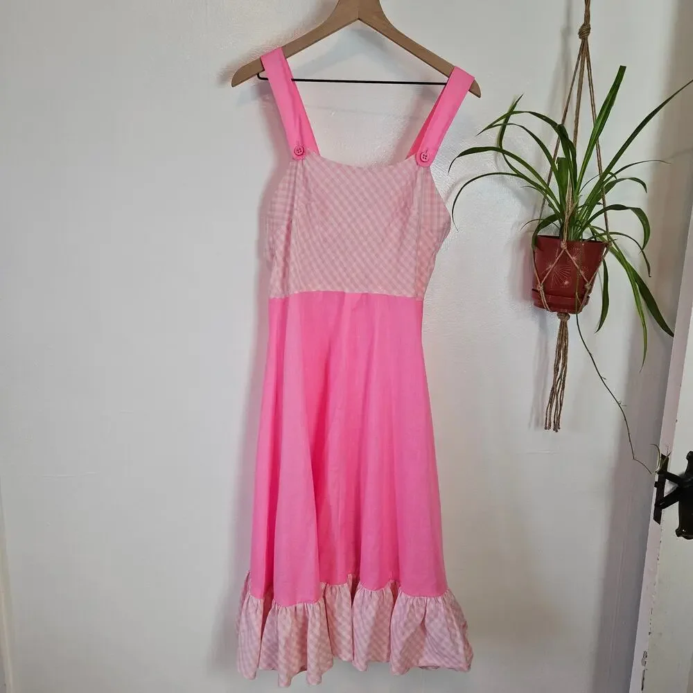 Vintage Handmade Dress & Shawl M? L? Pink Gingham‎ Midi - Picture 7 of 14